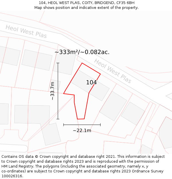 104, HEOL WEST PLAS, COITY, BRIDGEND, CF35 6BH: Plot and title map