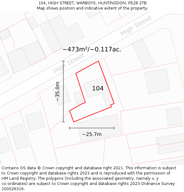 104, HIGH STREET, WARBOYS, HUNTINGDON, PE28 2TB: Plot and title map