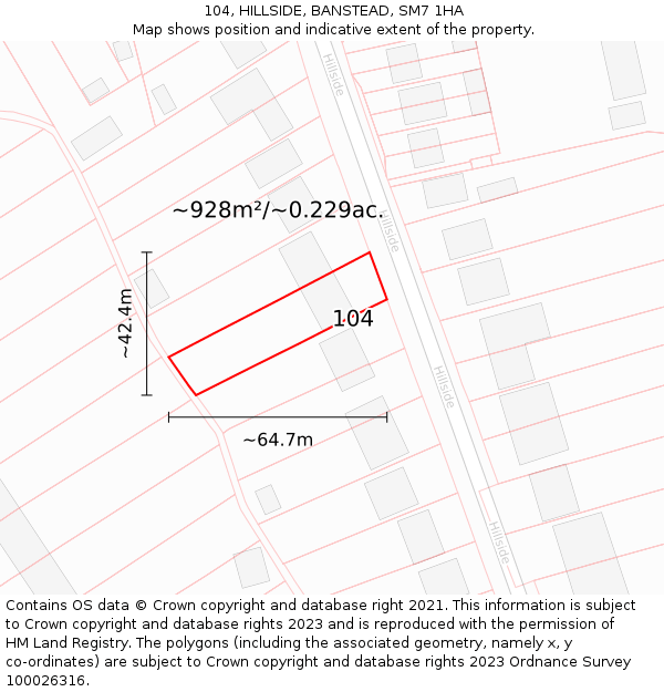 104, HILLSIDE, BANSTEAD, SM7 1HA: Plot and title map