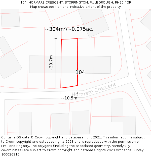 104, HORMARE CRESCENT, STORRINGTON, PULBOROUGH, RH20 4QR: Plot and title map