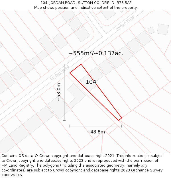104, JORDAN ROAD, SUTTON COLDFIELD, B75 5AF: Plot and title map