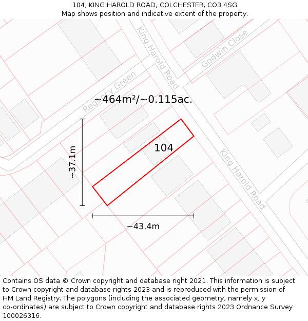104, KING HAROLD ROAD, COLCHESTER, CO3 4SG: Plot and title map