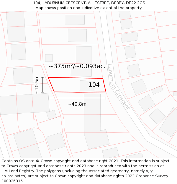 104, LABURNUM CRESCENT, ALLESTREE, DERBY, DE22 2GS: Plot and title map
