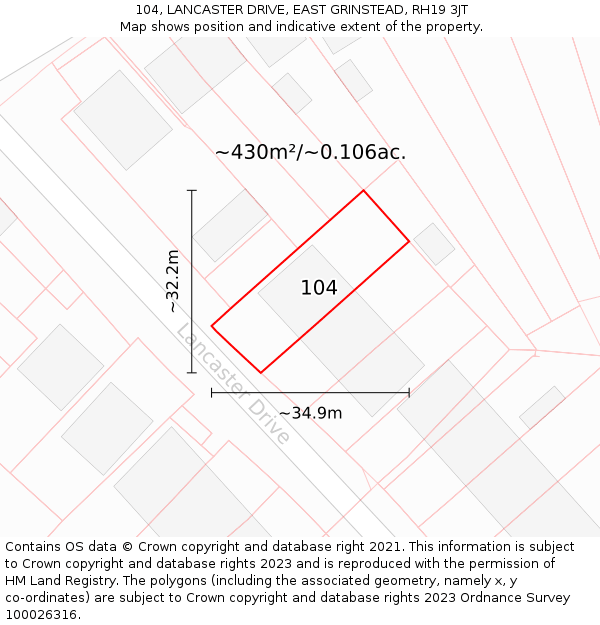 104, LANCASTER DRIVE, EAST GRINSTEAD, RH19 3JT: Plot and title map