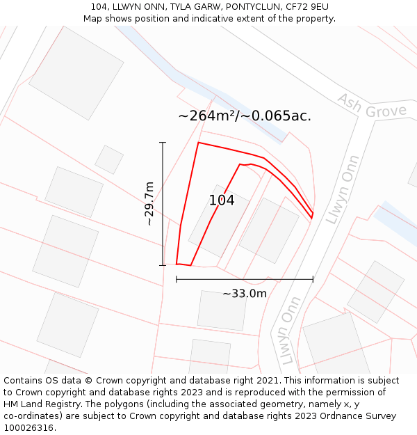104, LLWYN ONN, TYLA GARW, PONTYCLUN, CF72 9EU: Plot and title map