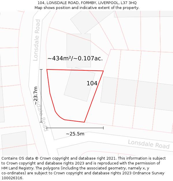 104, LONSDALE ROAD, FORMBY, LIVERPOOL, L37 3HQ: Plot and title map