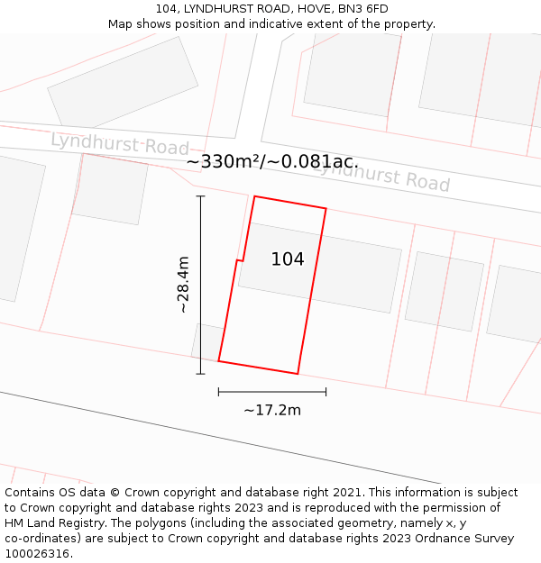 104, LYNDHURST ROAD, HOVE, BN3 6FD: Plot and title map