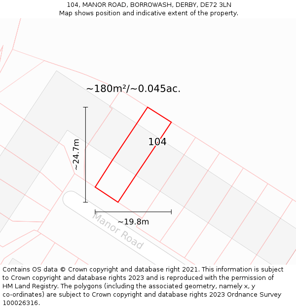 104, MANOR ROAD, BORROWASH, DERBY, DE72 3LN: Plot and title map