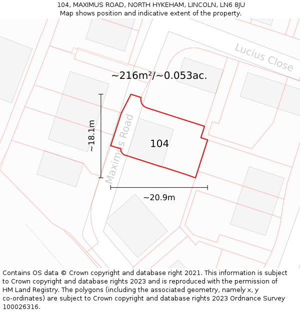 104, MAXIMUS ROAD, NORTH HYKEHAM, LINCOLN, LN6 8JU: Plot and title map