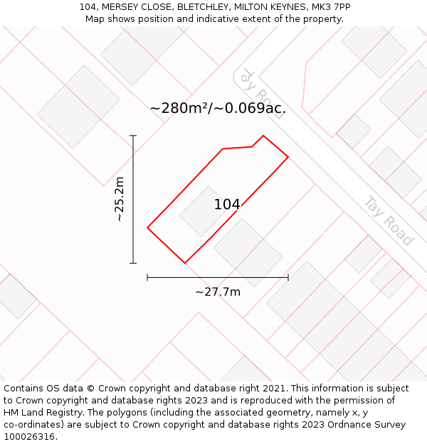 104, MERSEY CLOSE, BLETCHLEY, MILTON KEYNES, MK3 7PP: Plot and title map