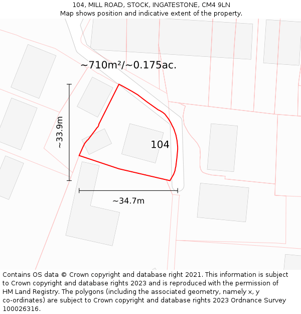 104, MILL ROAD, STOCK, INGATESTONE, CM4 9LN: Plot and title map