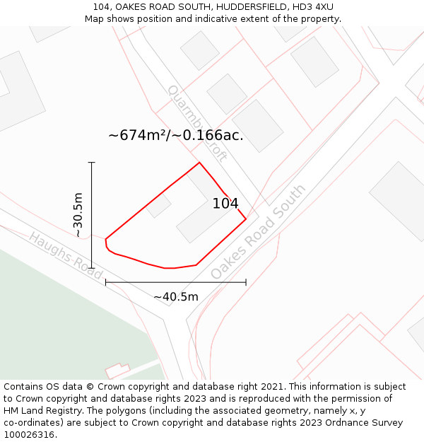 104, OAKES ROAD SOUTH, HUDDERSFIELD, HD3 4XU: Plot and title map