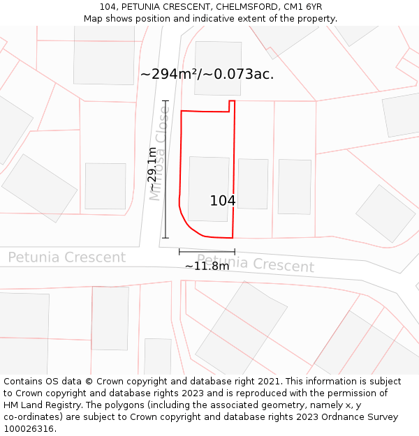 104, PETUNIA CRESCENT, CHELMSFORD, CM1 6YR: Plot and title map