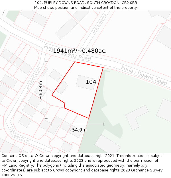 104, PURLEY DOWNS ROAD, SOUTH CROYDON, CR2 0RB: Plot and title map