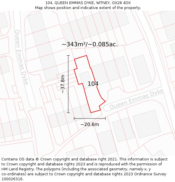104, QUEEN EMMAS DYKE, WITNEY, OX28 4DX: Plot and title map