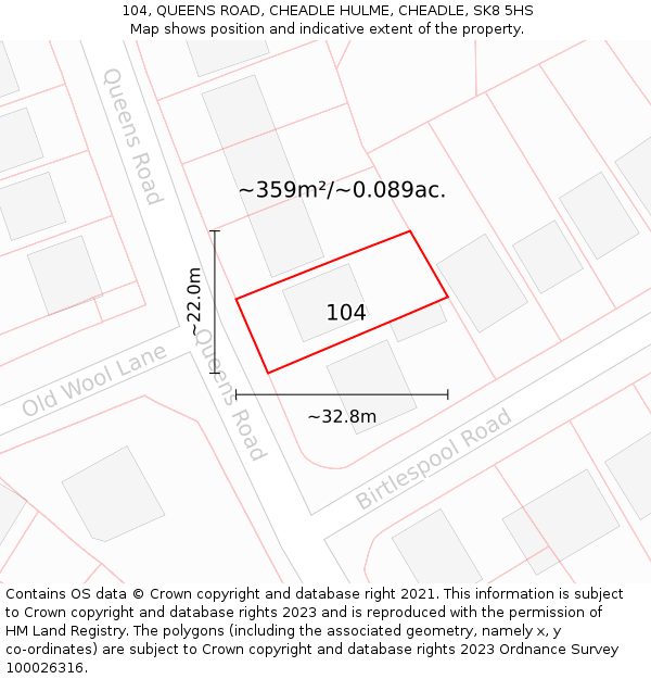 104, QUEENS ROAD, CHEADLE HULME, CHEADLE, SK8 5HS: Plot and title map