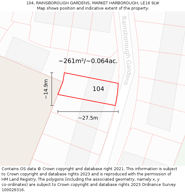 104, RAINSBOROUGH GARDENS, MARKET HARBOROUGH, LE16 9LW: Plot and title map