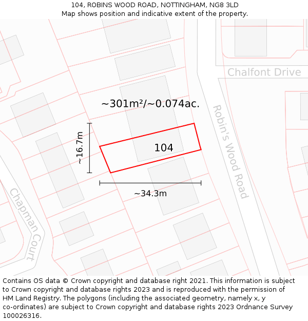 104, ROBINS WOOD ROAD, NOTTINGHAM, NG8 3LD: Plot and title map