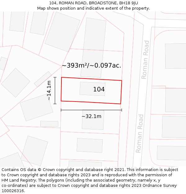 104, ROMAN ROAD, BROADSTONE, BH18 9JU: Plot and title map