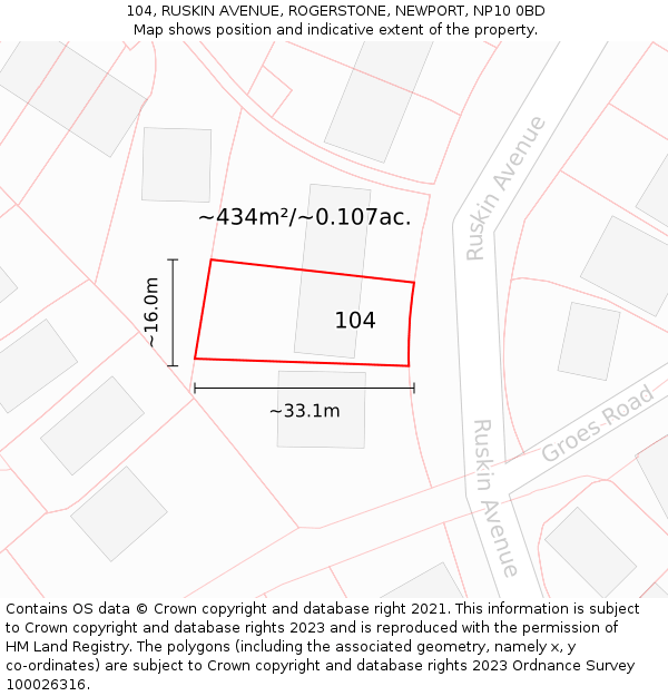104, RUSKIN AVENUE, ROGERSTONE, NEWPORT, NP10 0BD: Plot and title map