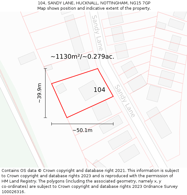 104, SANDY LANE, HUCKNALL, NOTTINGHAM, NG15 7GP: Plot and title map