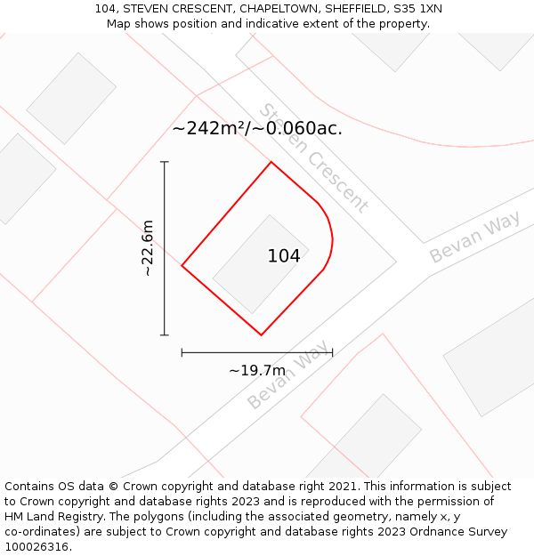 104, STEVEN CRESCENT, CHAPELTOWN, SHEFFIELD, S35 1XN: Plot and title map