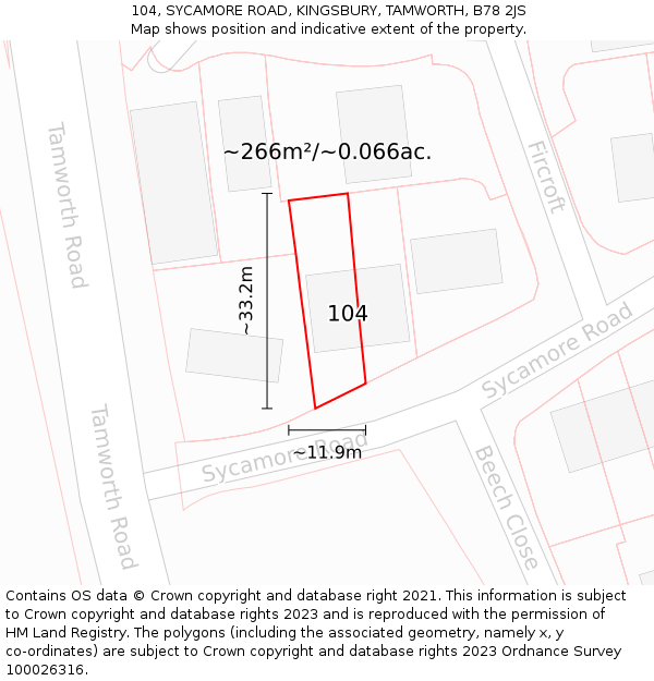 104, SYCAMORE ROAD, KINGSBURY, TAMWORTH, B78 2JS: Plot and title map