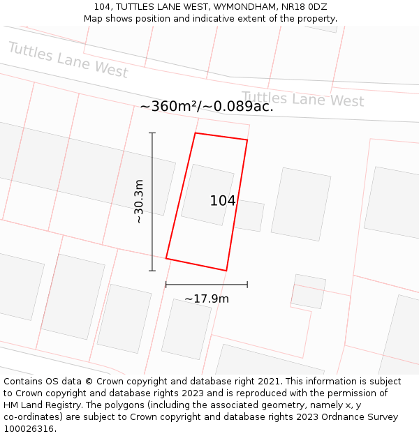 104, TUTTLES LANE WEST, WYMONDHAM, NR18 0DZ: Plot and title map