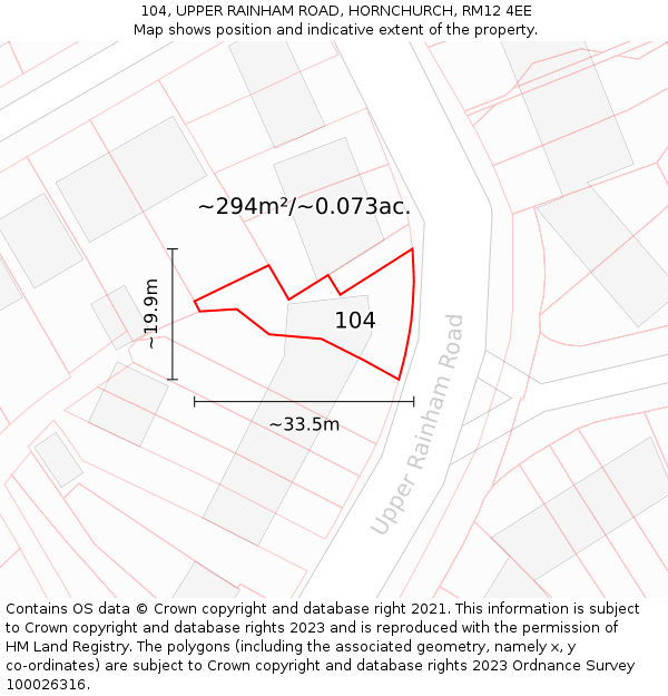 104, UPPER RAINHAM ROAD, HORNCHURCH, RM12 4EE: Plot and title map