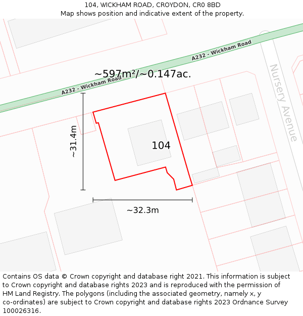 104, WICKHAM ROAD, CROYDON, CR0 8BD: Plot and title map
