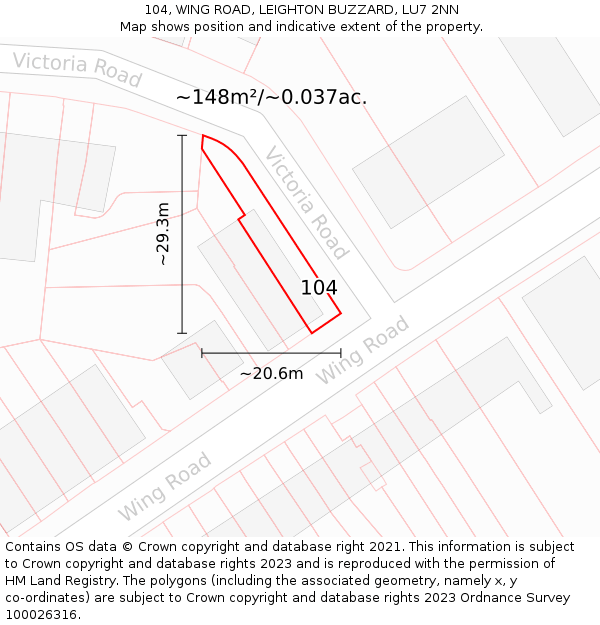 104, WING ROAD, LEIGHTON BUZZARD, LU7 2NN: Plot and title map