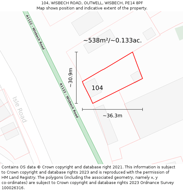 104, WISBECH ROAD, OUTWELL, WISBECH, PE14 8PF: Plot and title map