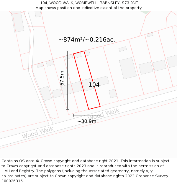 104, WOOD WALK, WOMBWELL, BARNSLEY, S73 0NE: Plot and title map