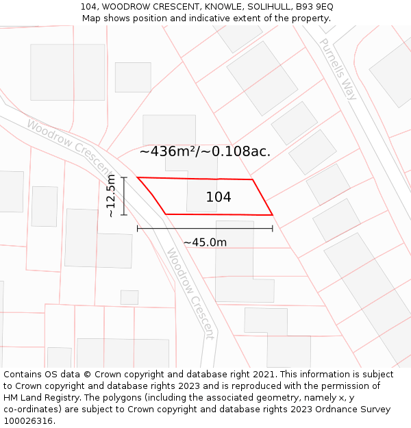 104, WOODROW CRESCENT, KNOWLE, SOLIHULL, B93 9EQ: Plot and title map