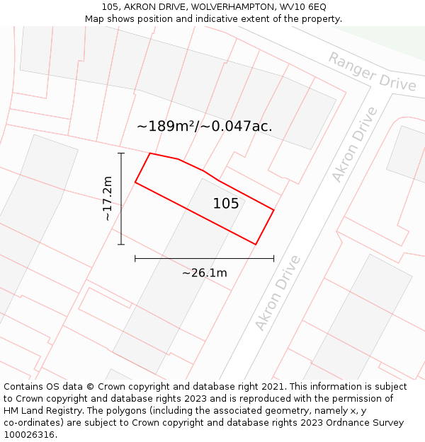 105, AKRON DRIVE, WOLVERHAMPTON, WV10 6EQ: Plot and title map