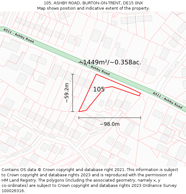 105, ASHBY ROAD, BURTON-ON-TRENT, DE15 0NX: Plot and title map