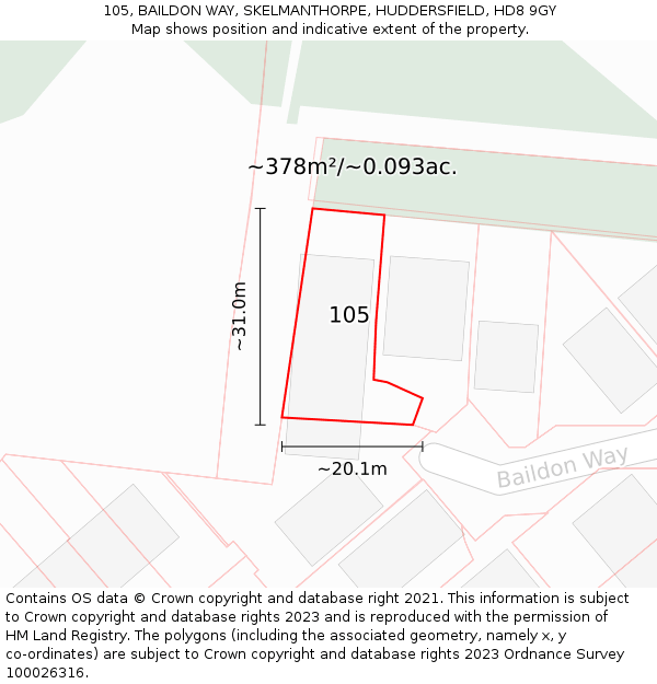 105, BAILDON WAY, SKELMANTHORPE, HUDDERSFIELD, HD8 9GY: Plot and title map