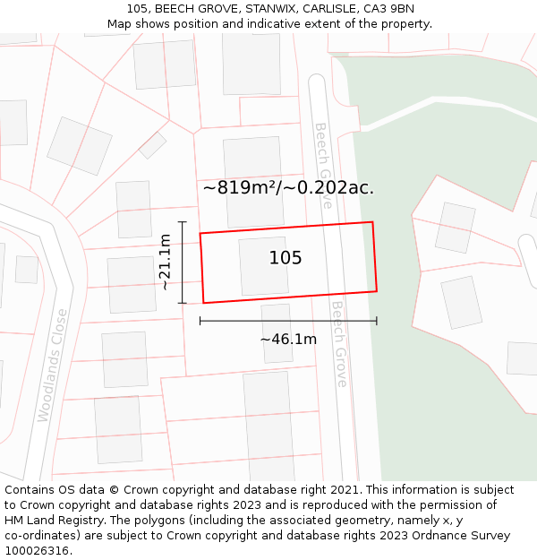 105, BEECH GROVE, STANWIX, CARLISLE, CA3 9BN: Plot and title map