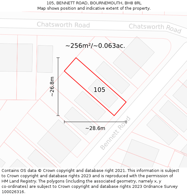 105, BENNETT ROAD, BOURNEMOUTH, BH8 8RL: Plot and title map