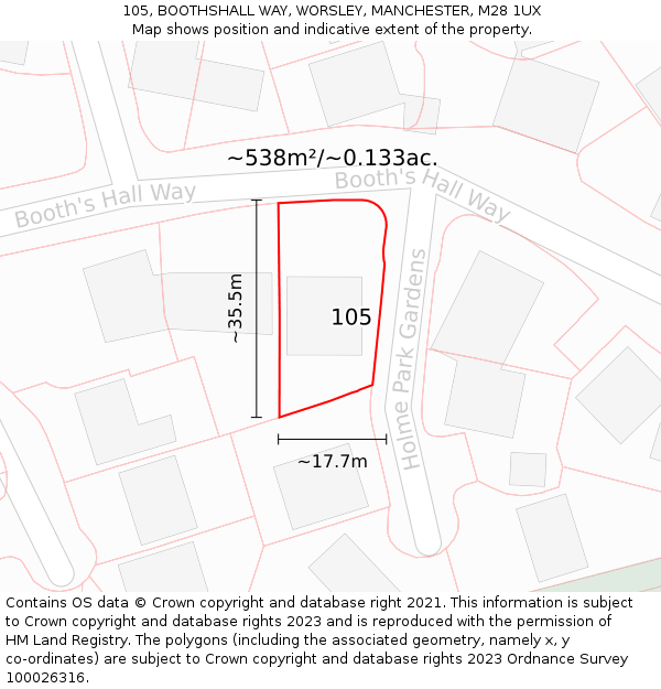 105, BOOTHSHALL WAY, WORSLEY, MANCHESTER, M28 1UX: Plot and title map