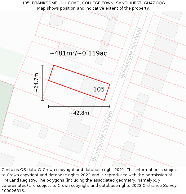 105, BRANKSOME HILL ROAD, COLLEGE TOWN, SANDHURST, GU47 0QG: Plot and title map