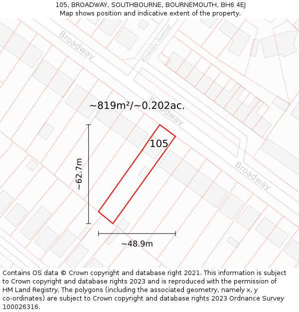 105, BROADWAY, SOUTHBOURNE, BOURNEMOUTH, BH6 4EJ: Plot and title map