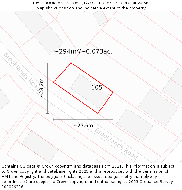 105, BROOKLANDS ROAD, LARKFIELD, AYLESFORD, ME20 6RR: Plot and title map