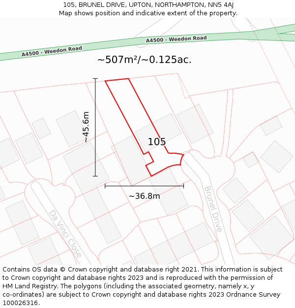 105, BRUNEL DRIVE, UPTON, NORTHAMPTON, NN5 4AJ: Plot and title map