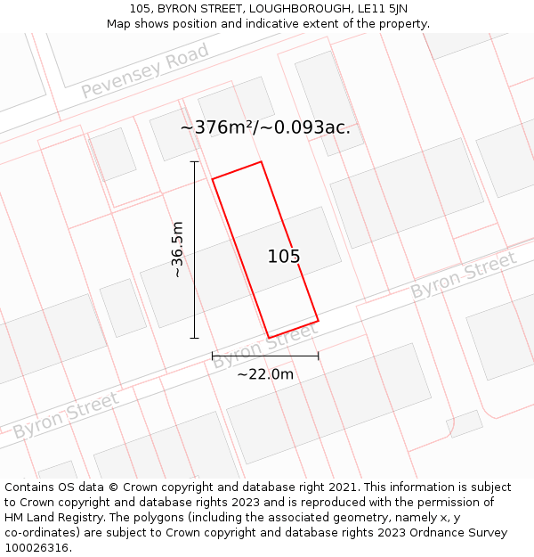 105, BYRON STREET, LOUGHBOROUGH, LE11 5JN: Plot and title map
