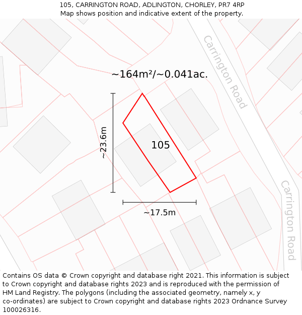 105, CARRINGTON ROAD, ADLINGTON, CHORLEY, PR7 4RP: Plot and title map