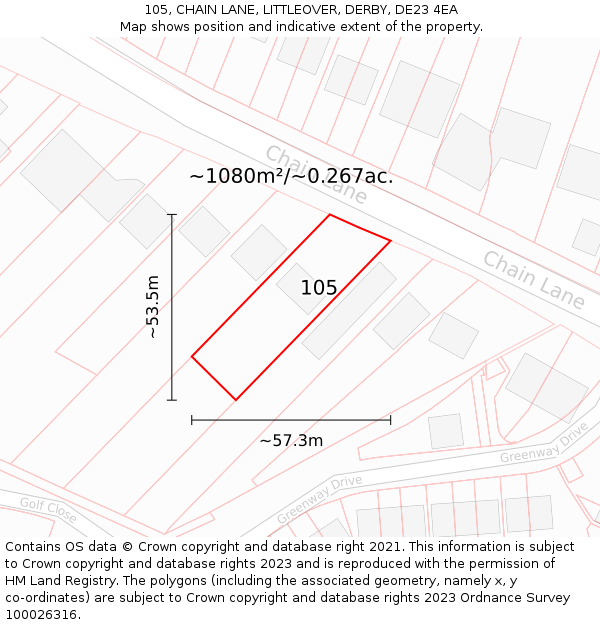 105, CHAIN LANE, LITTLEOVER, DERBY, DE23 4EA: Plot and title map
