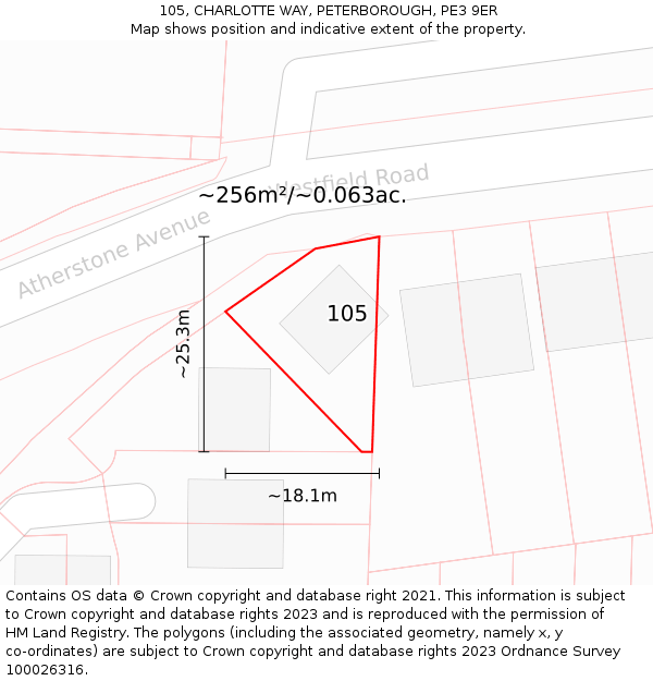 105, CHARLOTTE WAY, PETERBOROUGH, PE3 9ER: Plot and title map