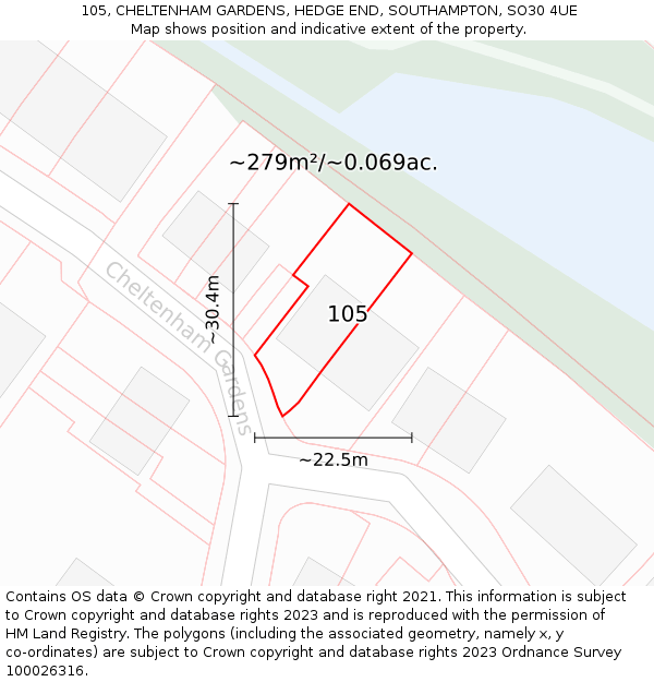 105, CHELTENHAM GARDENS, HEDGE END, SOUTHAMPTON, SO30 4UE: Plot and title map