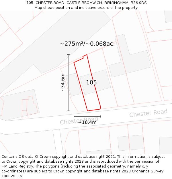 105, CHESTER ROAD, CASTLE BROMWICH, BIRMINGHAM, B36 9DS: Plot and title map